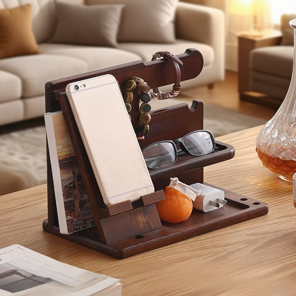 Tömörfa asztali mobiltelefon tartó, óra és kulcstartó az irodába