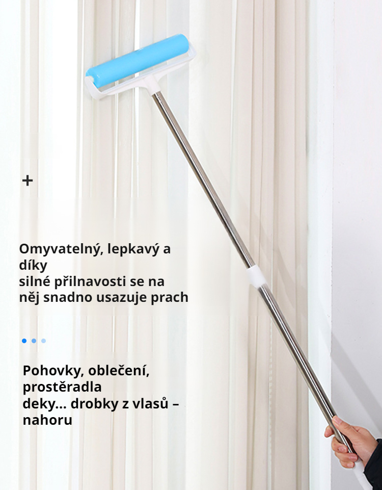 Dlouhá omyvatelná válečková štětka na prach v moderním interiéru