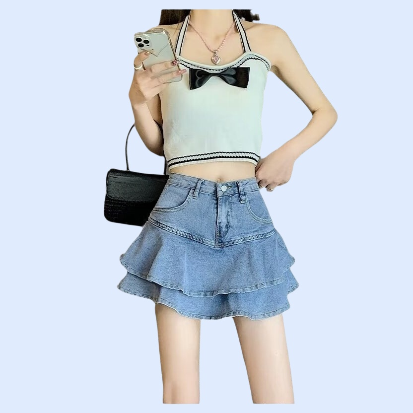 하이웨스트 프릴 데님 스커트