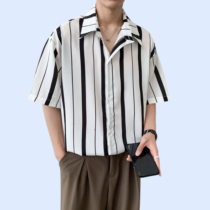 2025년 봄여름 신상 남성용 심플 스트라이프 아이스실크 쿨링 셔츠
