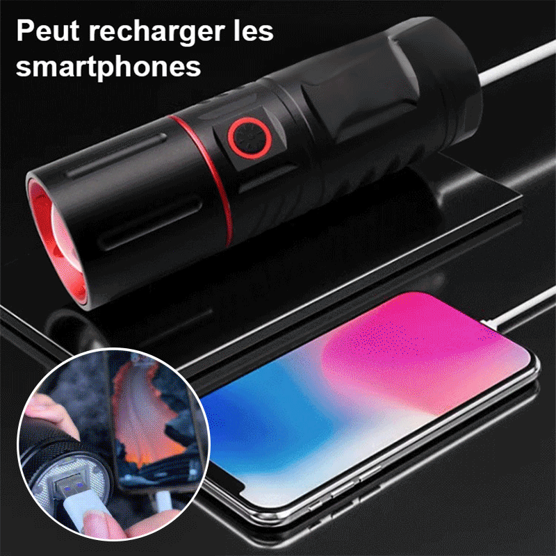 Lampe de poche à haute luminosité pour l'extérieur avec zoom télescopique et longue portée.