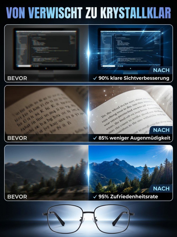 Ultraleichte Großrahmen-Mehrfokus-Titanbrille für Alterssichtigkeit.