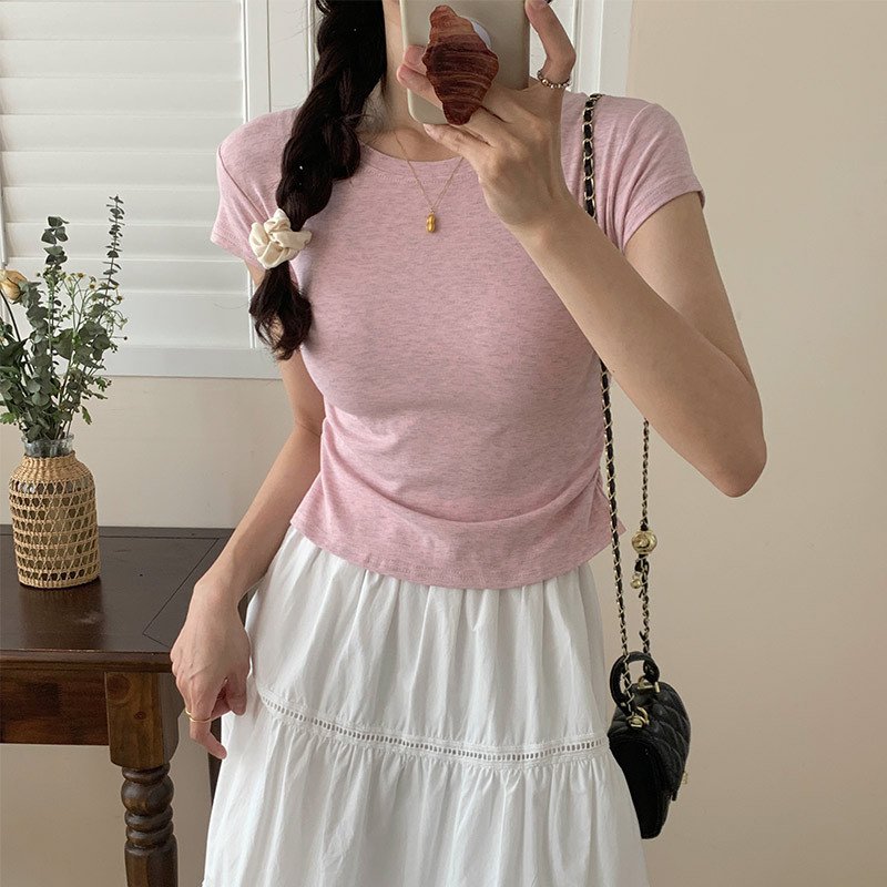 小柄女性向けソルト系フレンチスリーブトップス 夏の多巴胺コーデ 修身細見えデザイン 丸首Tシャツ