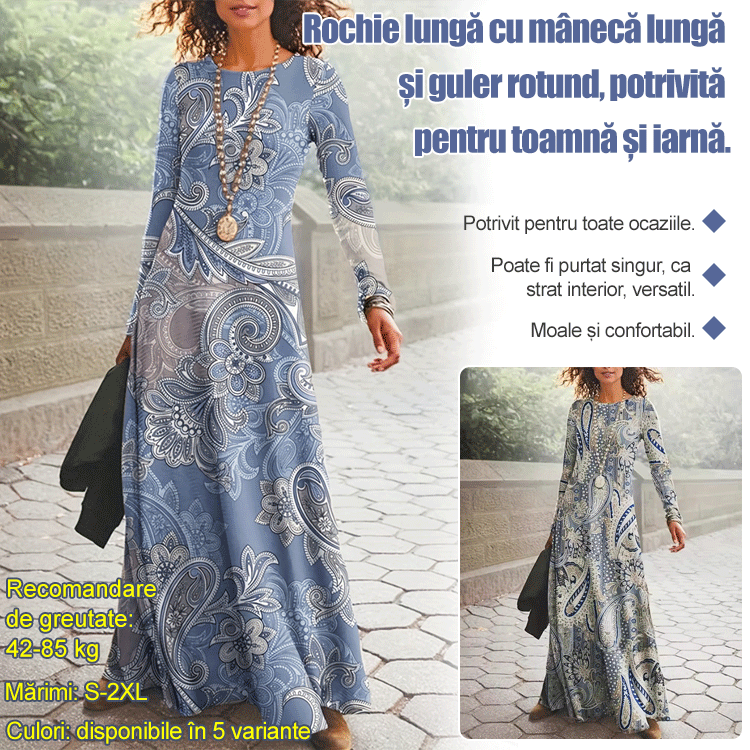 Rochie lungă cu mânecă lungă și guler rotund pentru toamnă și iarnă, versatilă