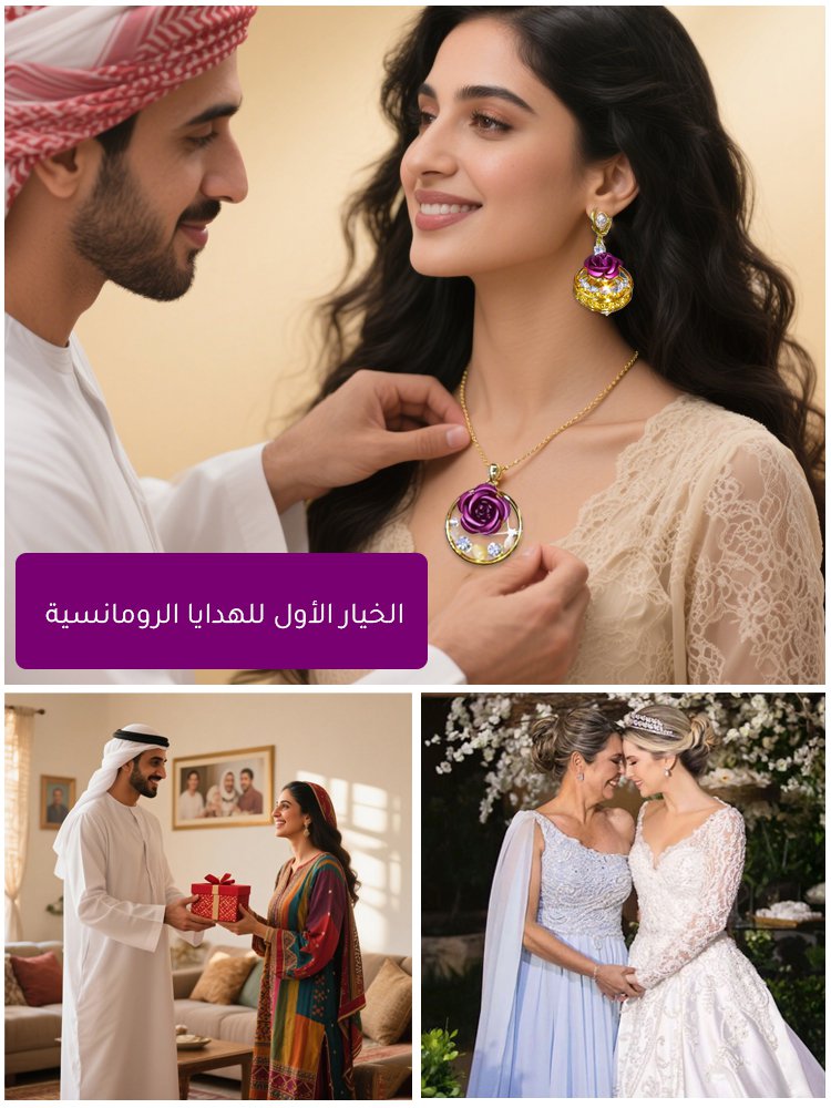 مجموعة قلادة راقية رصينة وغير متفاخرة مزينة بدلاية بديعة على شكل ورد بنفسجي وأقراط فاخرة وجذابة