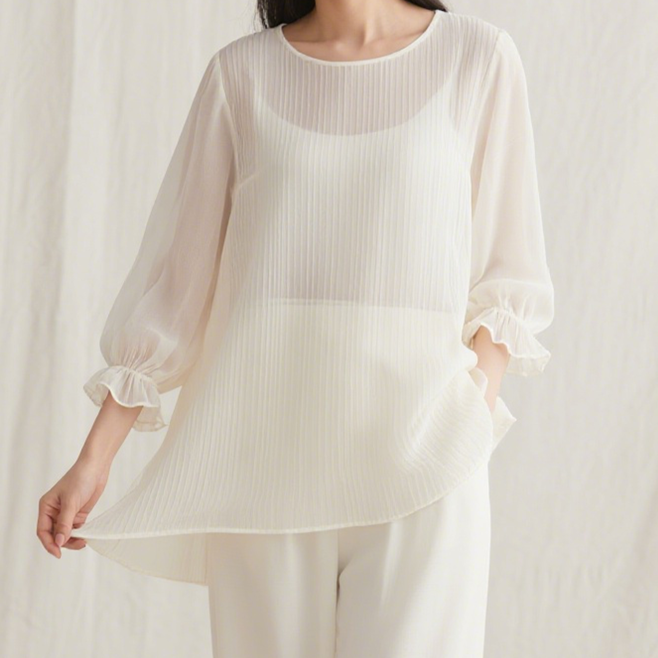 우아한 쉬폰 미디 길이 소매 셔츠