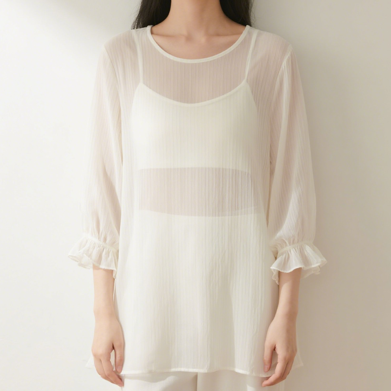 우아한 쉬폰 미디 길이 소매 셔츠