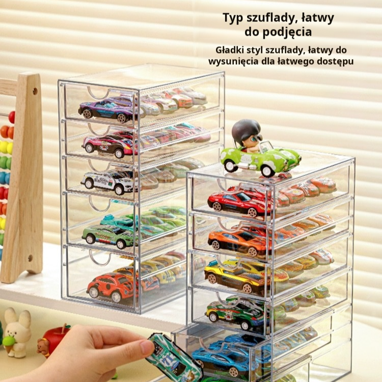 Przezroczyste pudełko na samochodziki Hot Wheels z szufladami