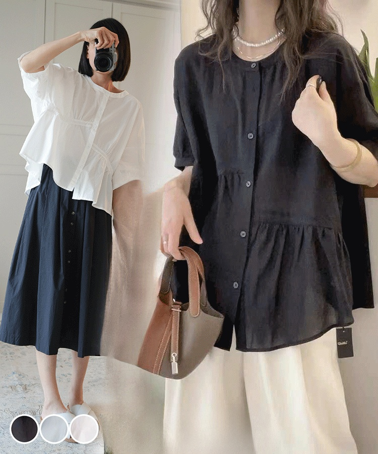 丸首アシンメトリーデザイン若返りドールシャツ