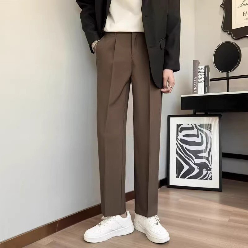 ドレープ感のあるスーツパンツ、メンズカジュアルパンツ、夏用アイスシルク新作ファッション、ゆったりストレートワイドレッグパンツ