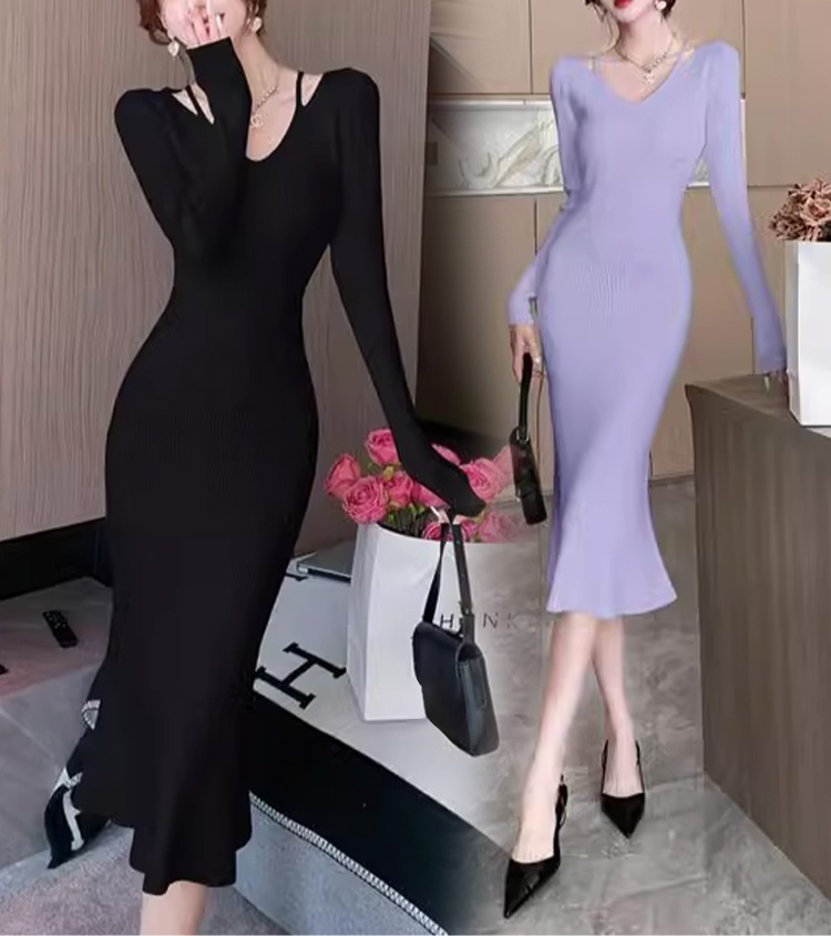 レディース長袖レイヤード風ワンピース正面