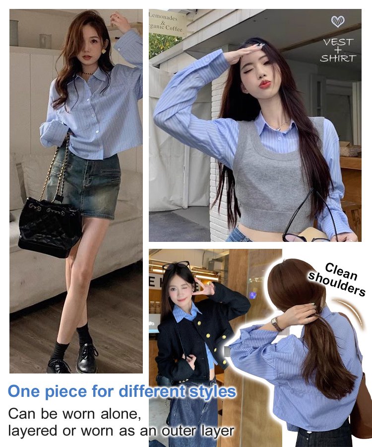 Vertical striped cropped embroidered sun protection shirt