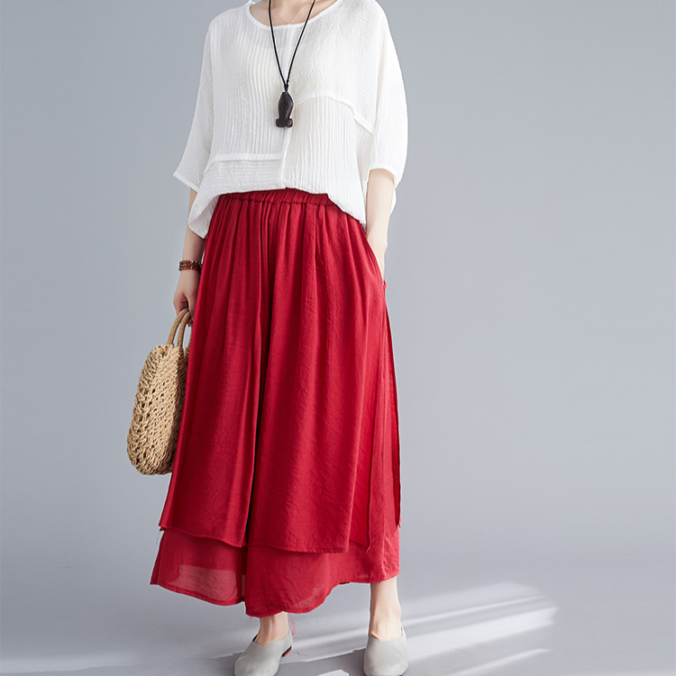 文学的な女性の夏の綿麻ワイドパンツ 無地9分丈ワイドパンツ