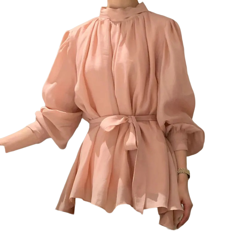 エレガントなレースアップカラーシャツ 無地プリーツシャツ ウエストスリムランタンスリーブシャツ エレガントシャツ レースアップシャツ