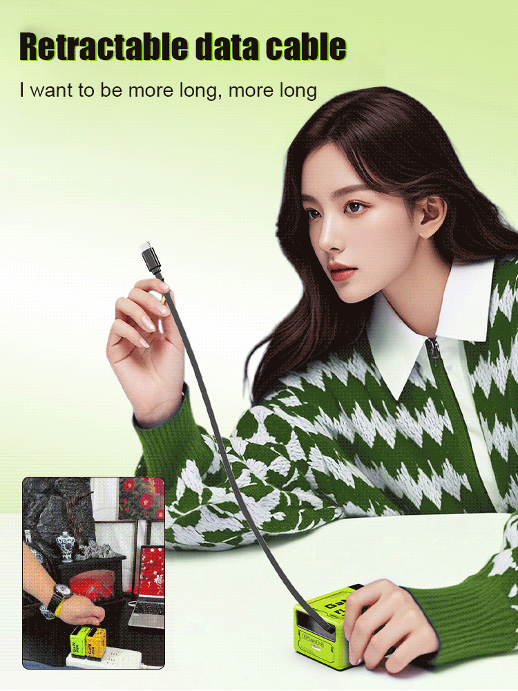 Comes with retractable data cable and plug for fast charging