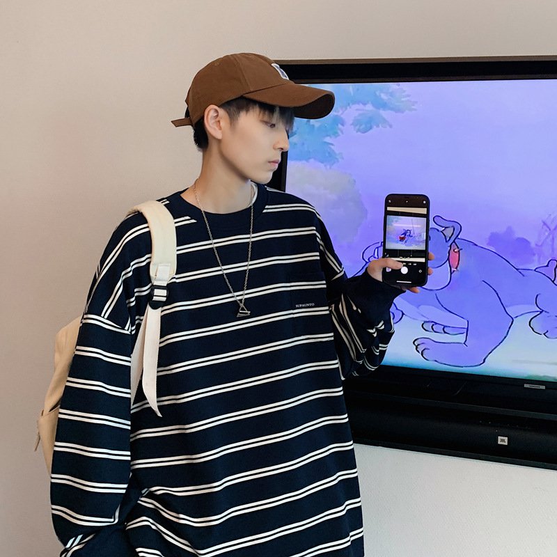 남성용 인싸 티셔츠, 트렌디한 봄가을용 긴팔 홍콩 스타일 루즈핏 베이직 셔츠