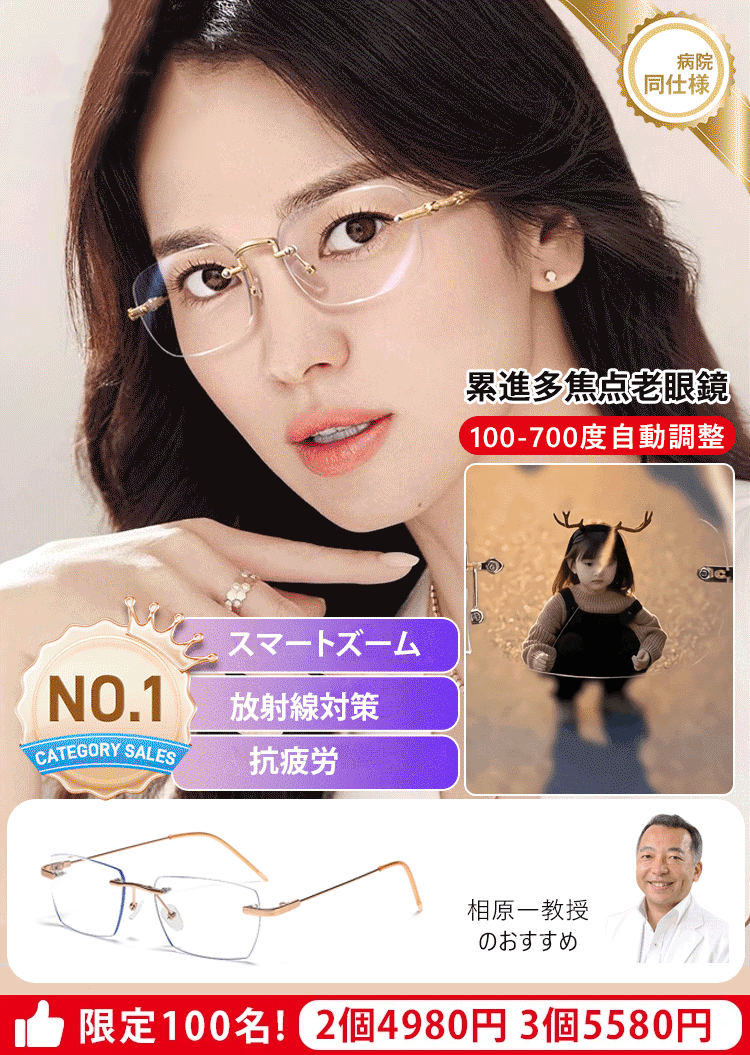 光感変色ズームリムレス老眼用メガネ【男女兼用】