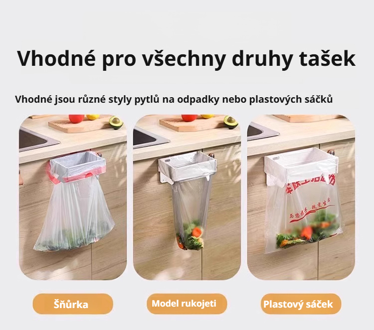 Úložný držák na sáčky vhodný do kuchyně i koupelny