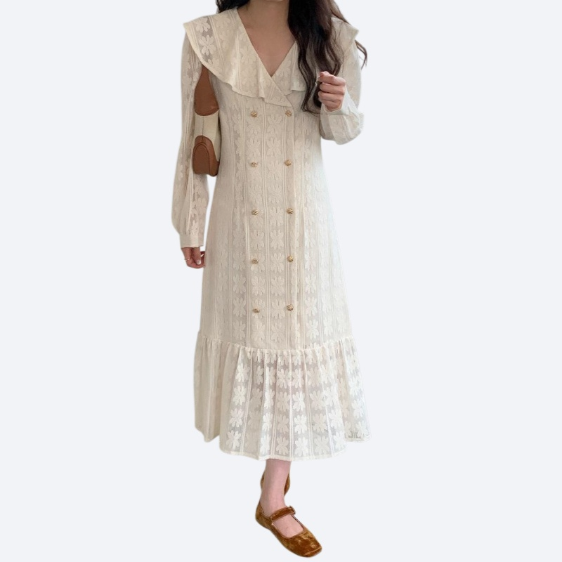 Lace hook flower V-neck ruffle edge dress