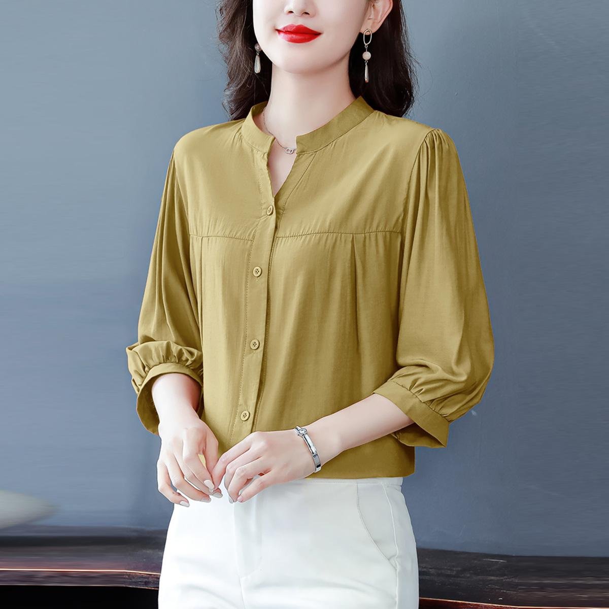 リネン混シャツ レディース 上品 ゆったり 半袖/七分袖 体型カバー ブラウス