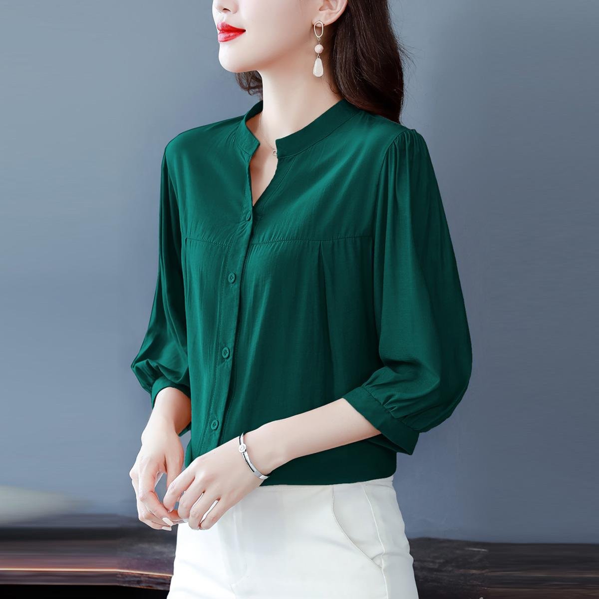 リネン混シャツ レディース 上品 ゆったり 半袖/七分袖 体型カバー ブラウス
