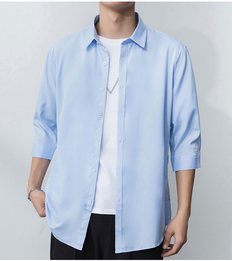 上質な光沢感のある7分袖シルクシャツ