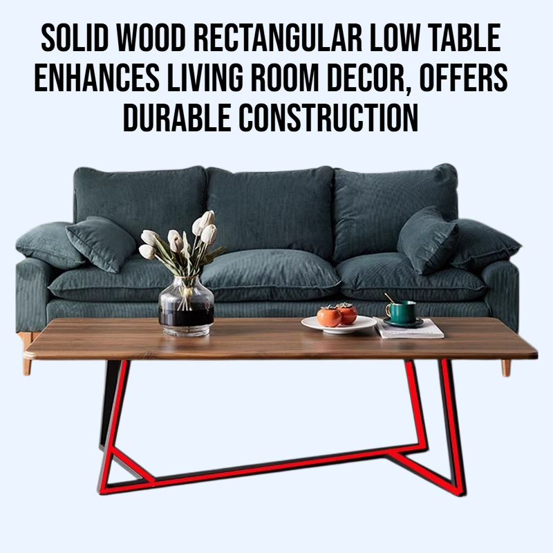 A solid wood rectangular low table is used in the living room