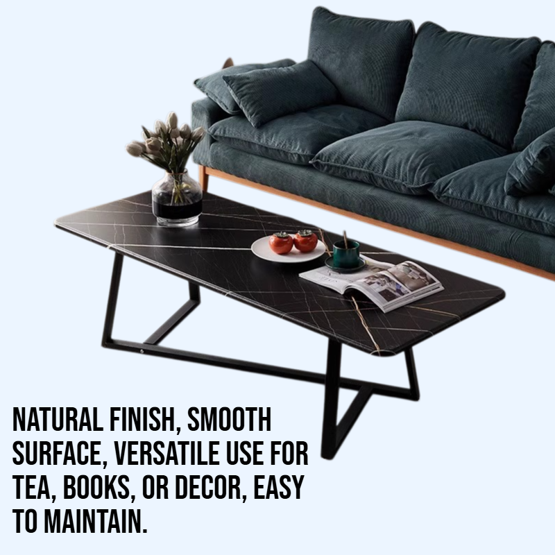 A solid wood rectangular low table is used in the living room