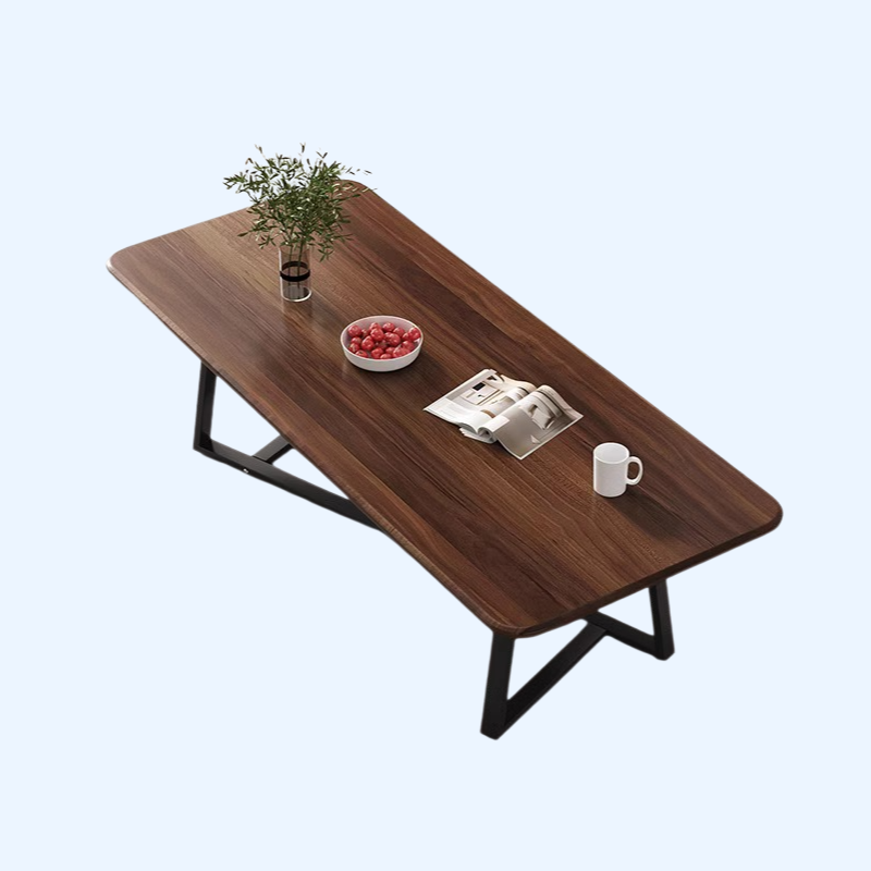 A solid wood rectangular low table is used in the living room