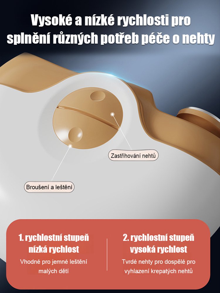 Elektrický pilník na nehty s tichým provozem, který je šetrný k rukám.