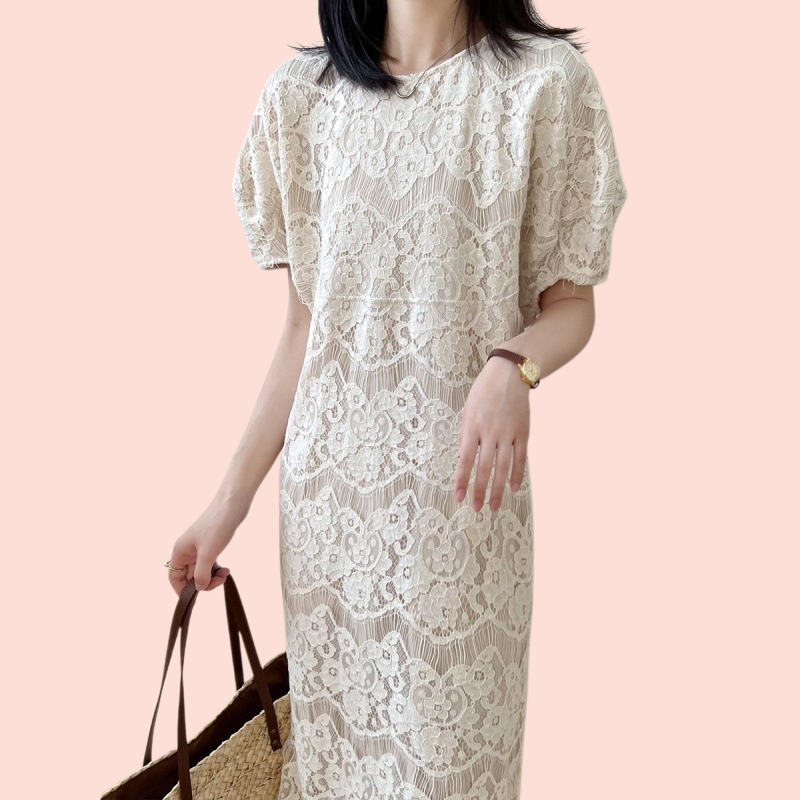 여름 자수 원피스 여성 라운드넥 미디 스커트