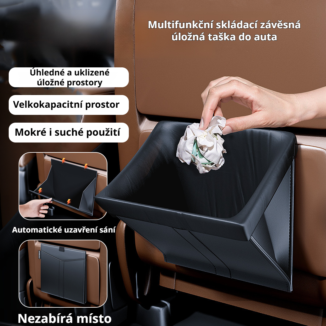 Skládací závěsný odpadkový koš do auta na zadní sedadlo