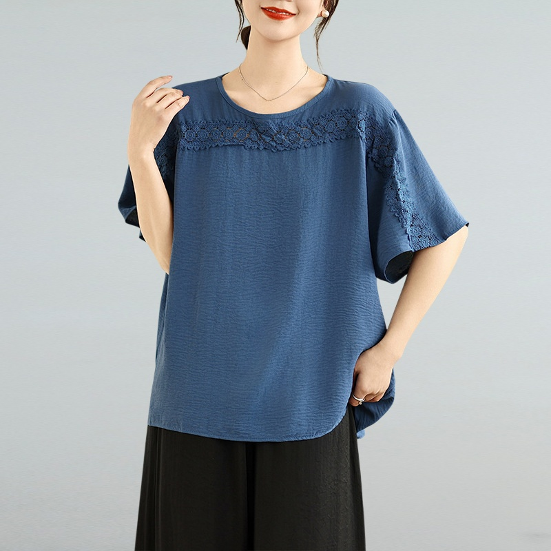 여름 신상 불규칙 레이스 접합 큰 사이즈 여성복 상의 뚱뚱 mm 나이를 줄여 배를 가리는 한국판 티셔츠