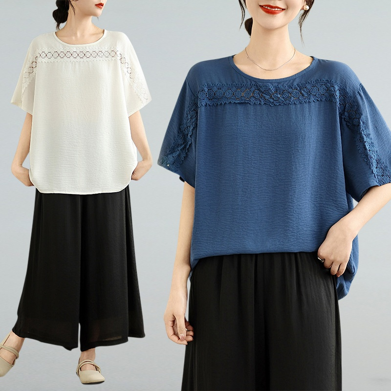 여름 신상 불규칙 레이스 접합 큰 사이즈 여성복 상의 뚱뚱 mm 나이를 줄여 배를 가리는 한국판 티셔츠
