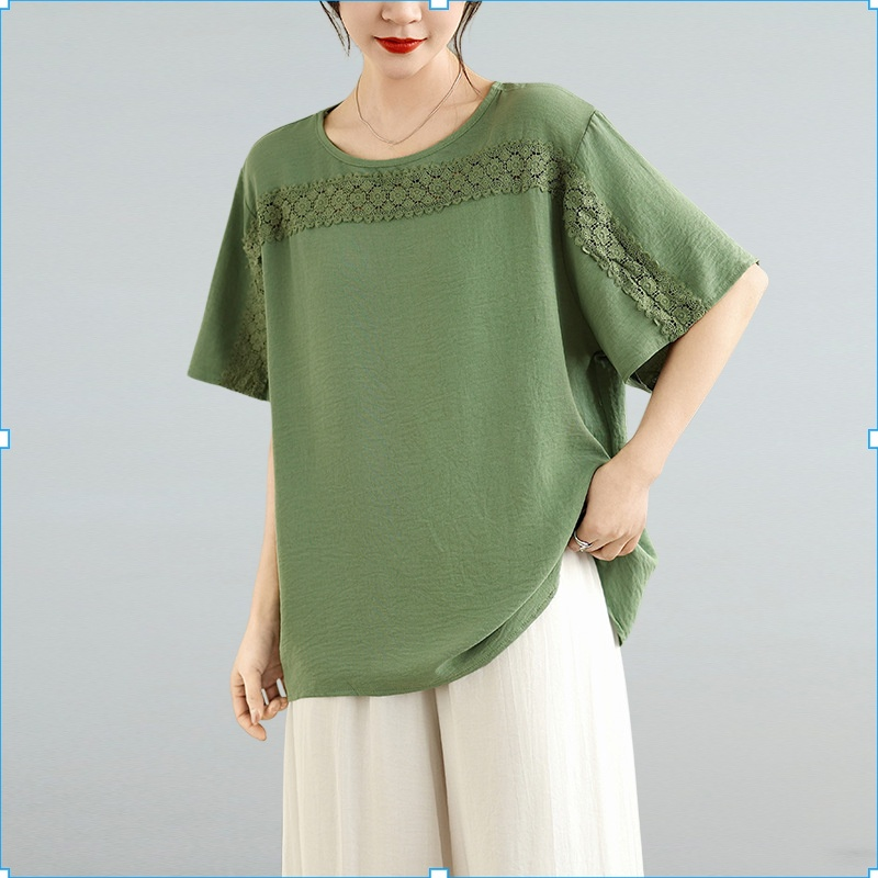 여름 신상 불규칙 레이스 접합 큰 사이즈 여성복 상의 뚱뚱 mm 나이를 줄여 배를 가리는 한국판 티셔츠