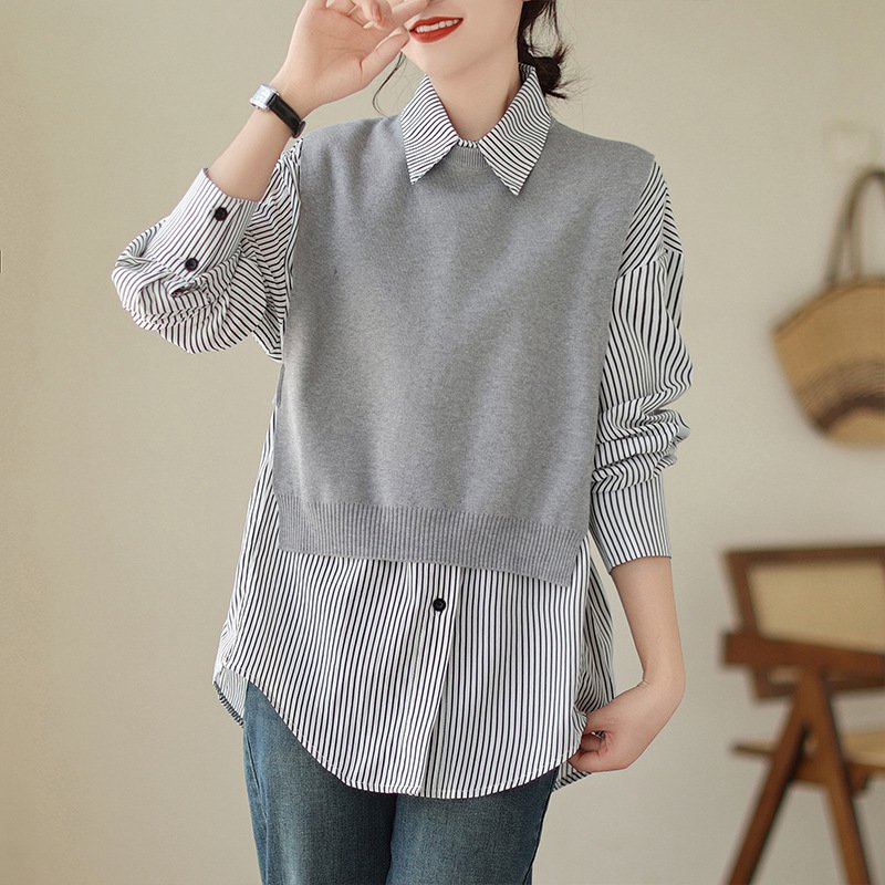 新作 ゆったりストライプシャツ ニットベスト付き ツーピーススーツ 女性用