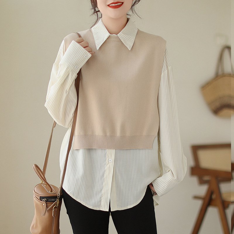 新作 ゆったりストライプシャツ ニットベスト付き ツーピーススーツ 女性用