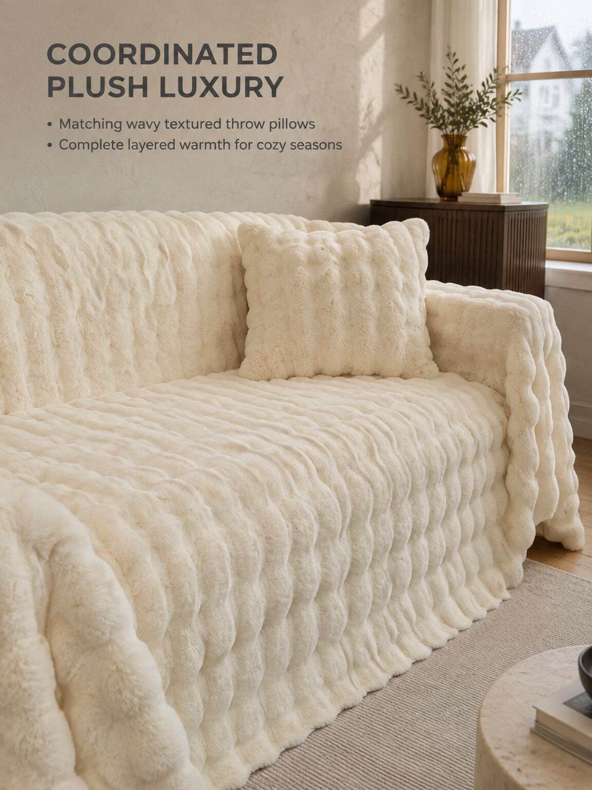 Wavy edge faux fur sofa cover adding warmth and style to a living room