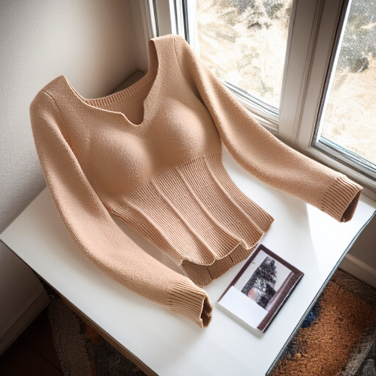 여성 기모 허리 조임 슬림 긴팔 니트 가슴 패드 이너