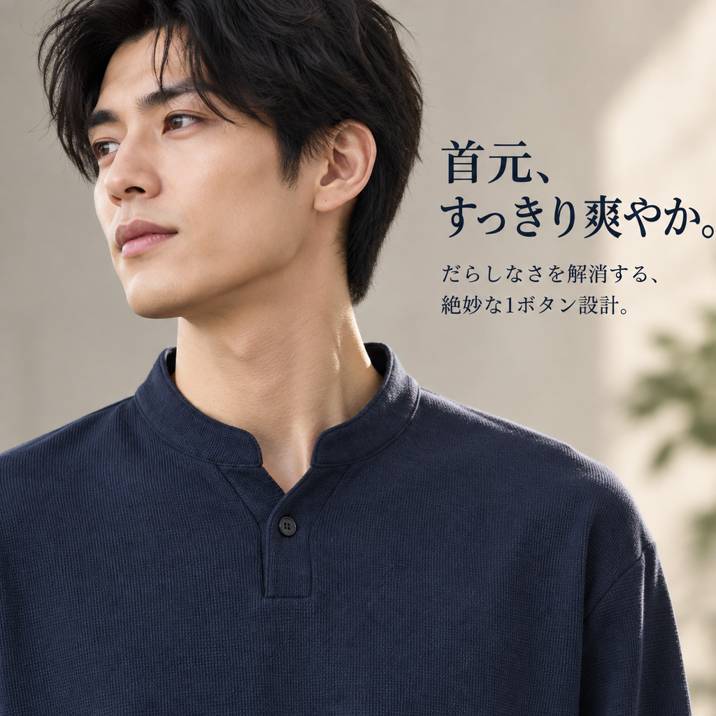 メンズ無地スタンドネック日本風長袖Tシャツ