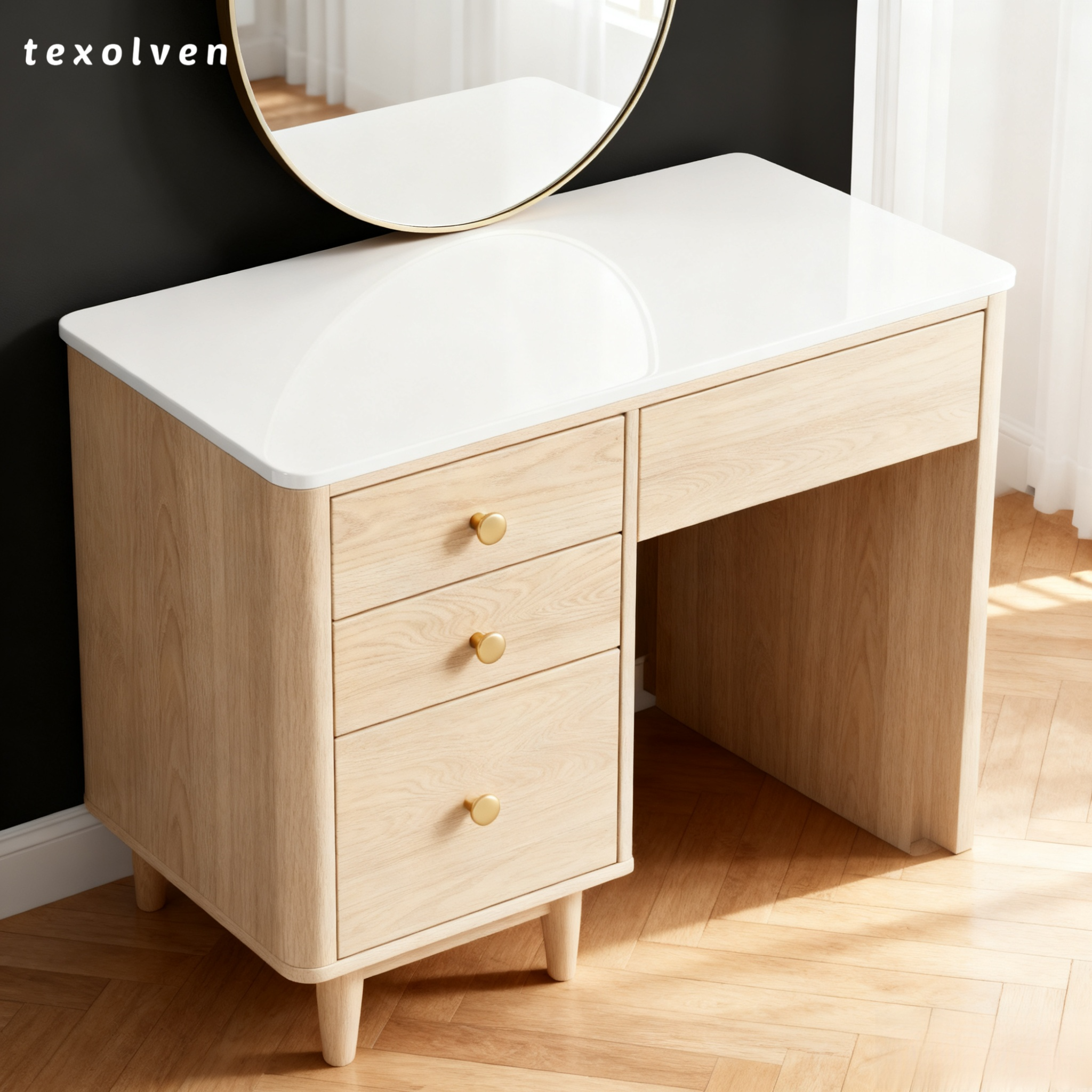 크림 스타일 견고한 원목 소형 화장대 전체 모습