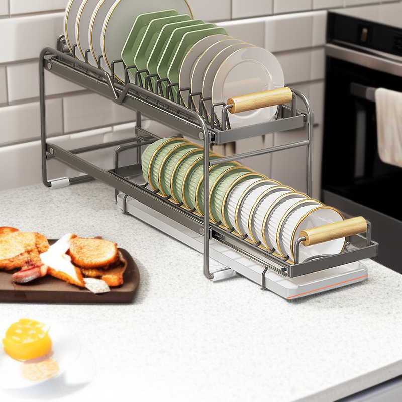 Kitchen Plate and Bowl Organizer, Adjustable Non-Slip Dish Rack