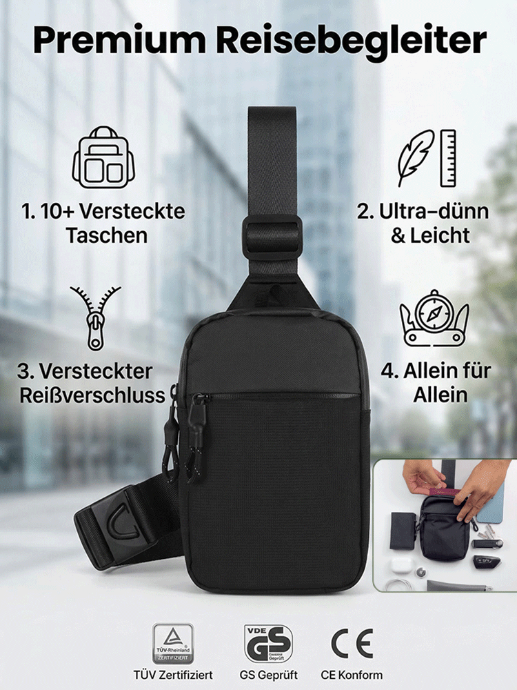Wasserdichtes, diebstahlsicheres Brusttaschen mit mehreren Fächern