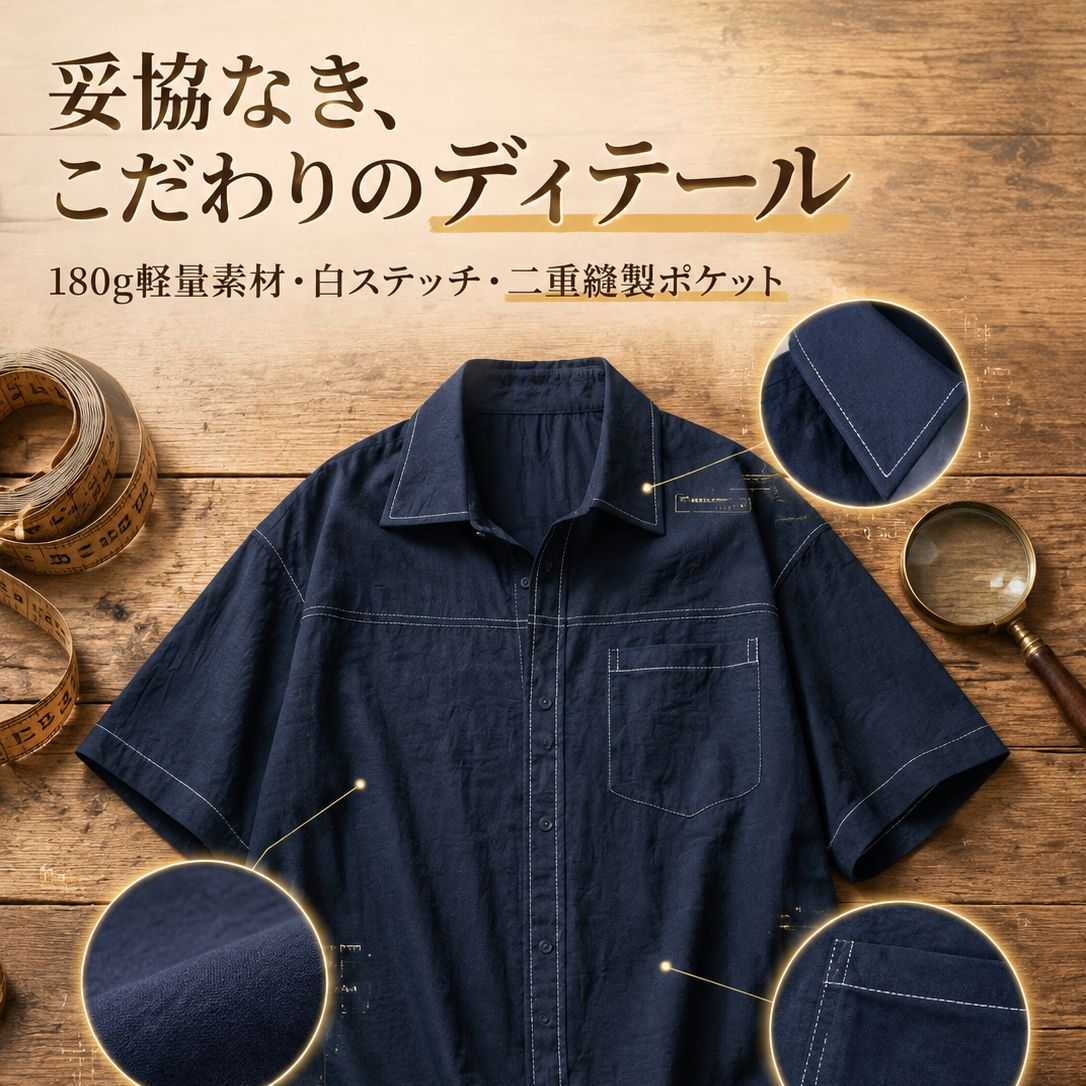 メンズゆったり大きめデニム半袖シャツ、カジュアルスタイル、目立つステッチ