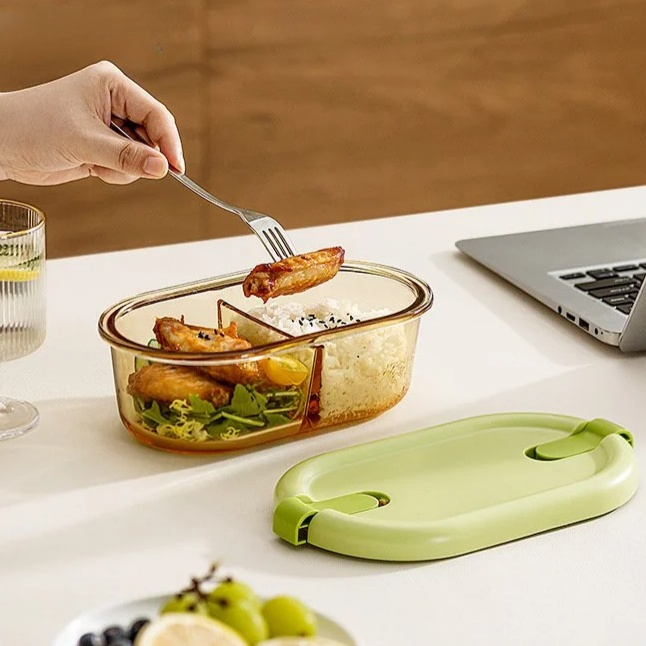 High Borosilicate Glass Divided Lunch Box, Microwave & Freezer Safe Bento Box for Office Workers