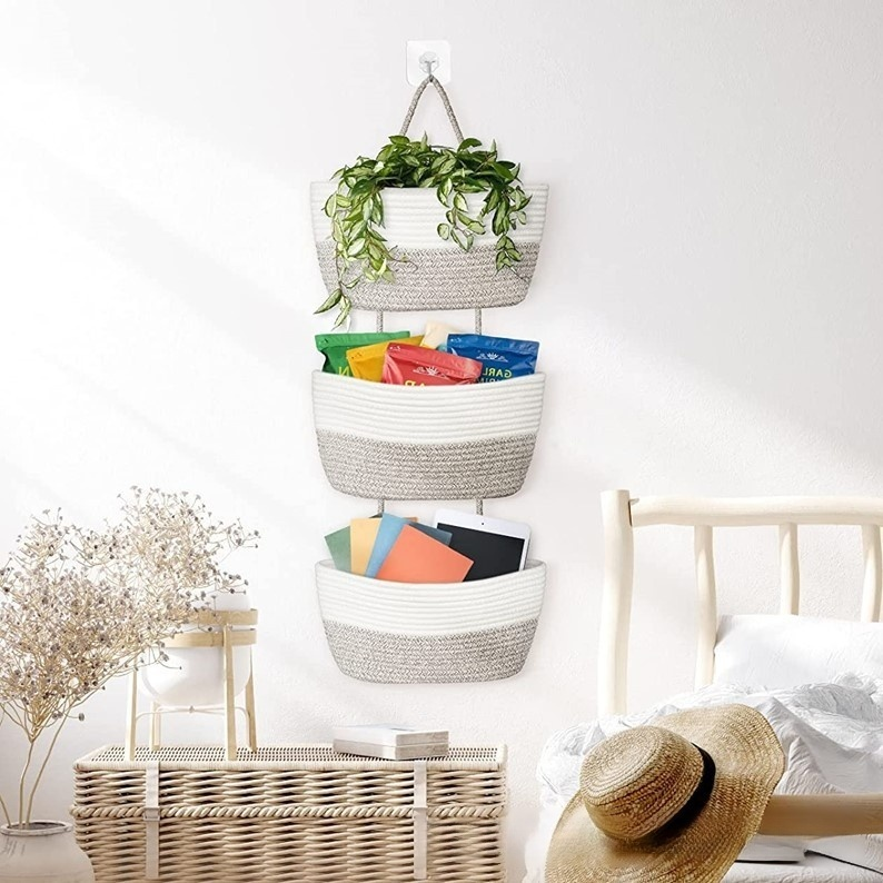 三層掛籃棉繩編織收納筐