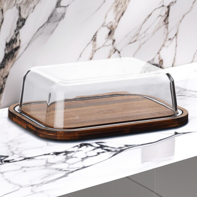 ガラス蓋付き木製デザートトレイ