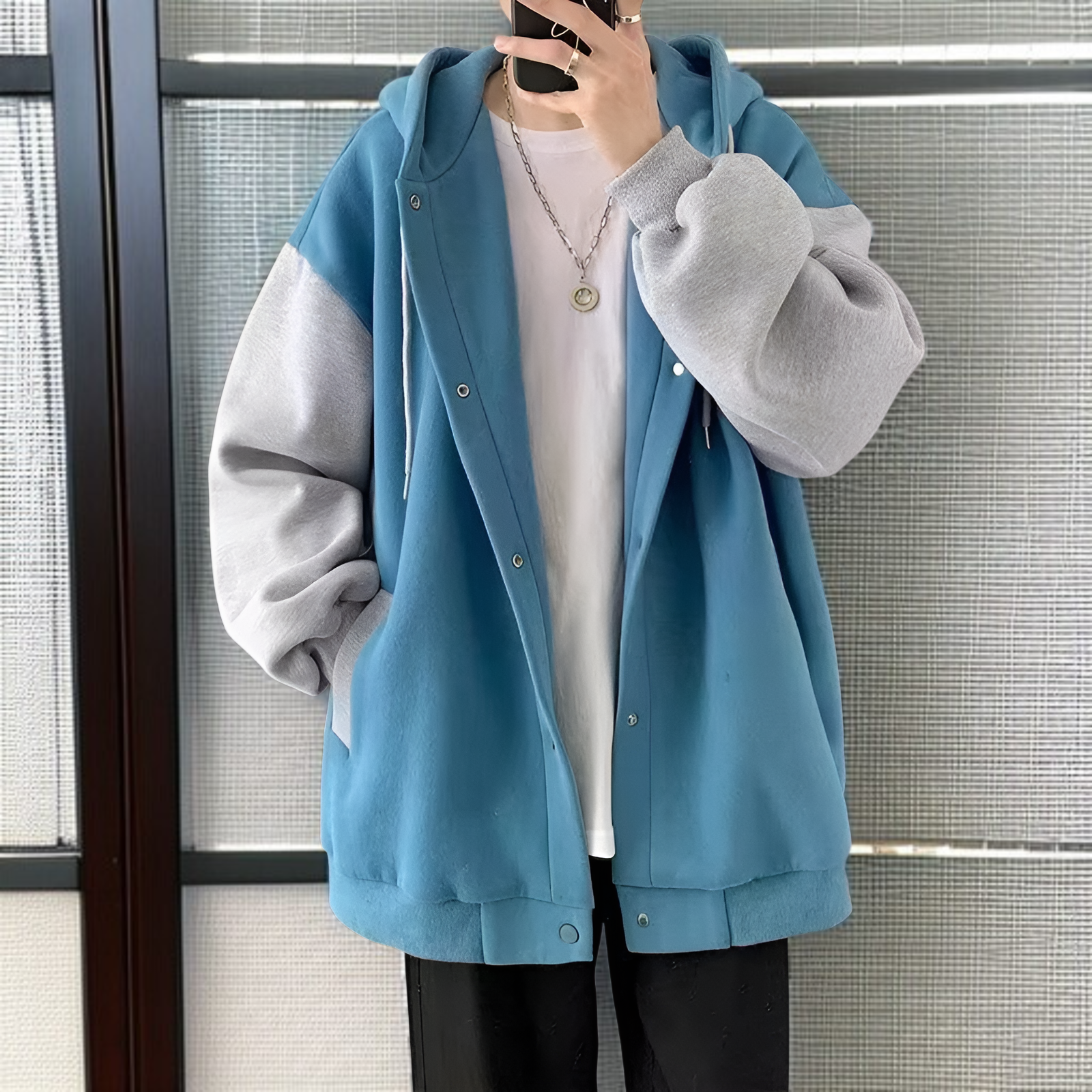 香港スタイルの秋と冬の男性用カジュアルカーディガンジャケット、ベルベットと厚みのあるトレンディなスプライシングスウェットシャツ、ルーズフード付きスウェットシャツ、カップル着用