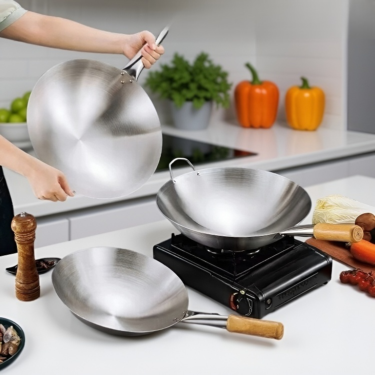 Wok de acero inoxidable engrosado para cocinas de hotel