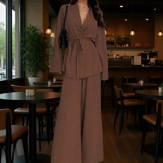 طقم عصري مع ياقة على شكل V ورباط عند الخصر